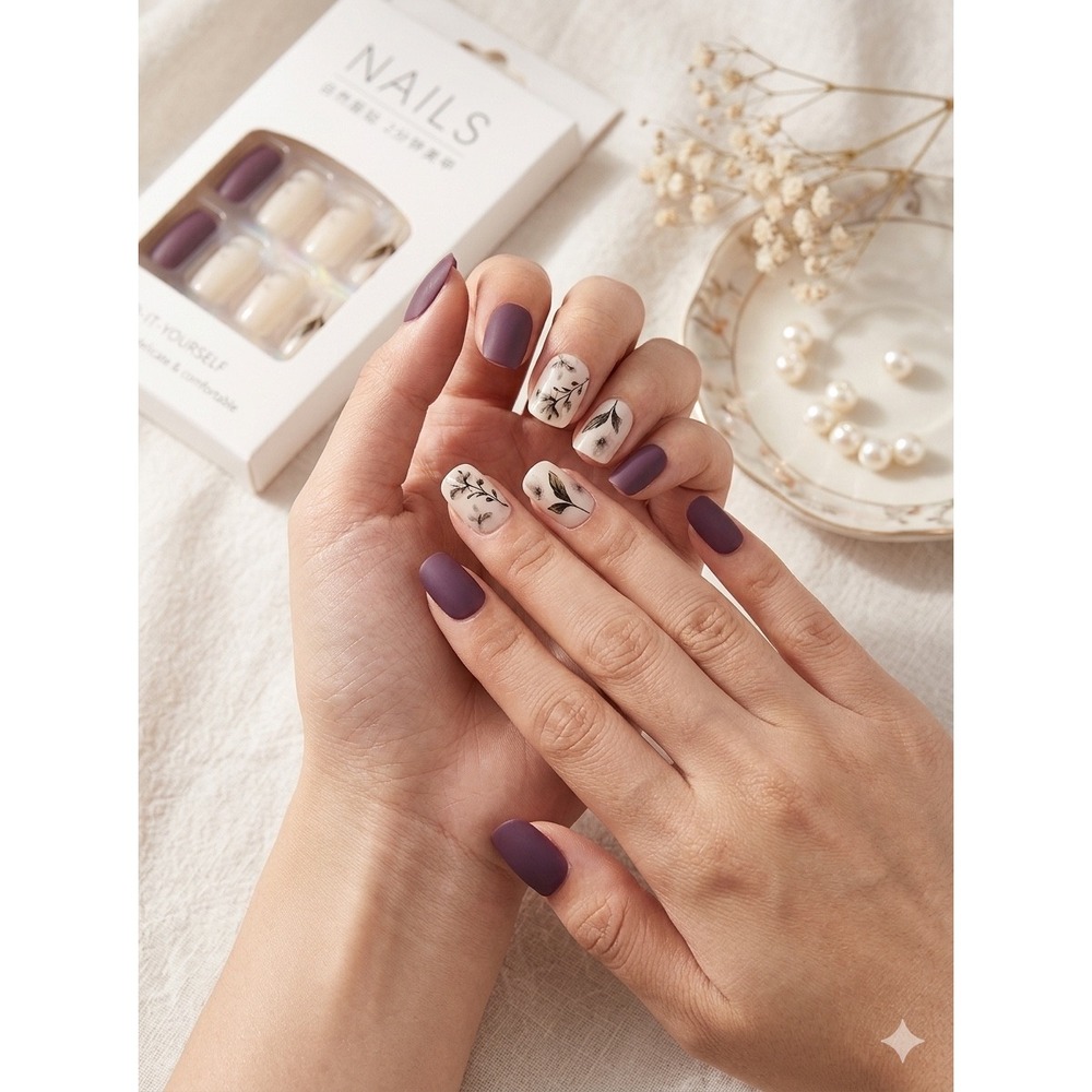 NAILS Do-It-Yourself Press-On Nail Set 24 Pc Purple & Cream Floral Leaf Spring‎